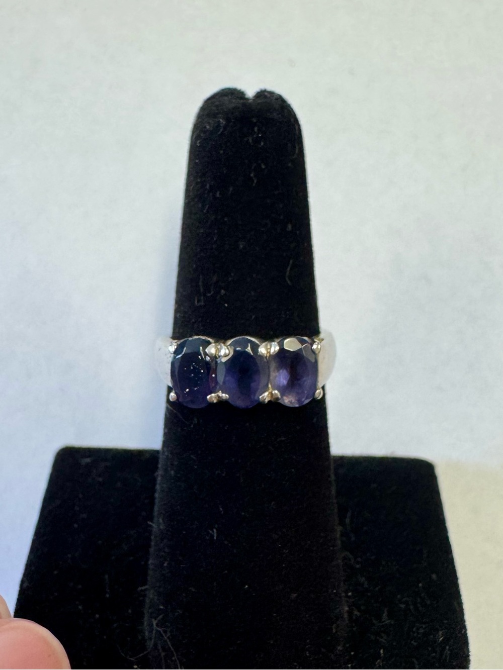 Sterling Silver Three-Stone Oval Purple Gem Ring